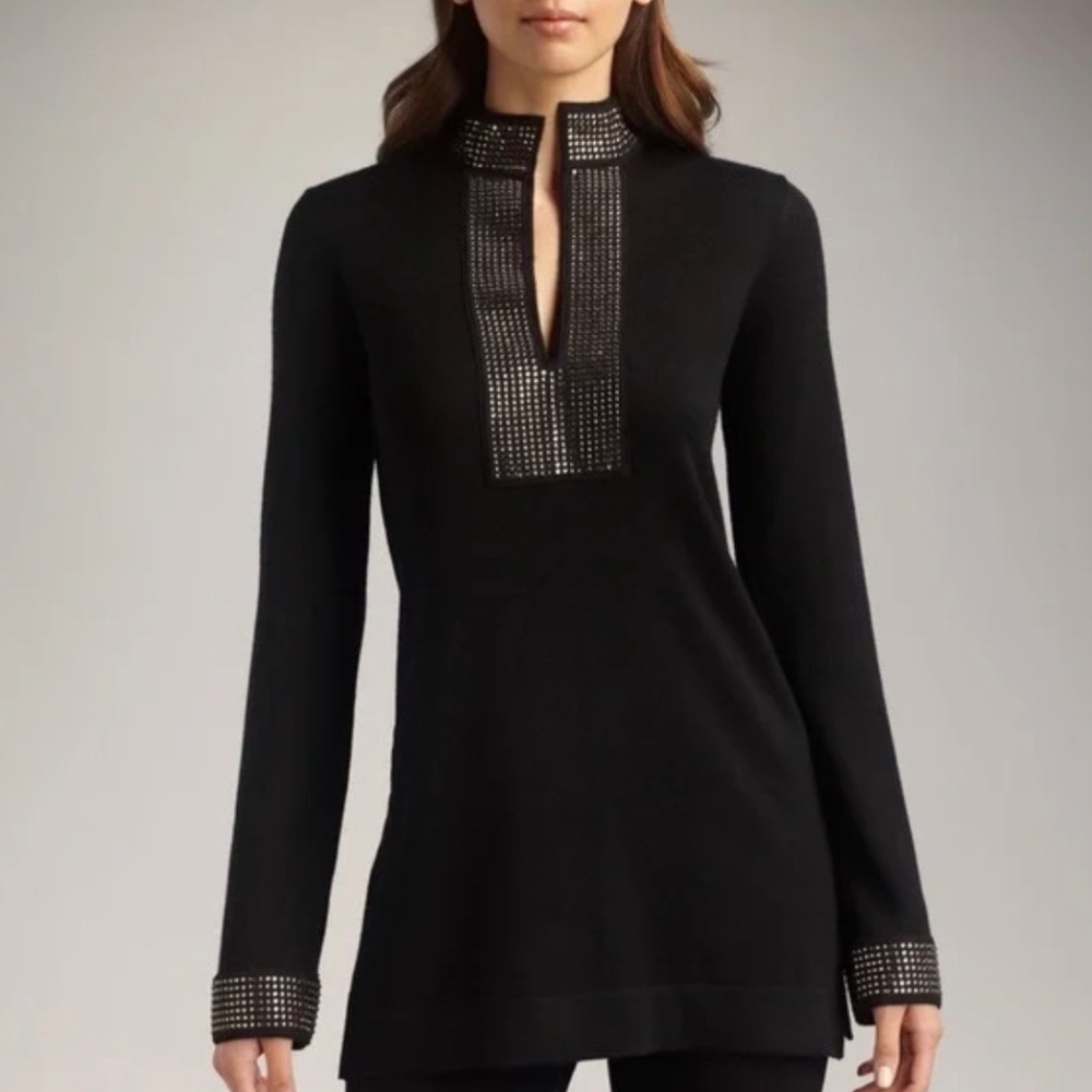 Tory Burch Merino Wool Rhinestone Trim Tunic Sweater
